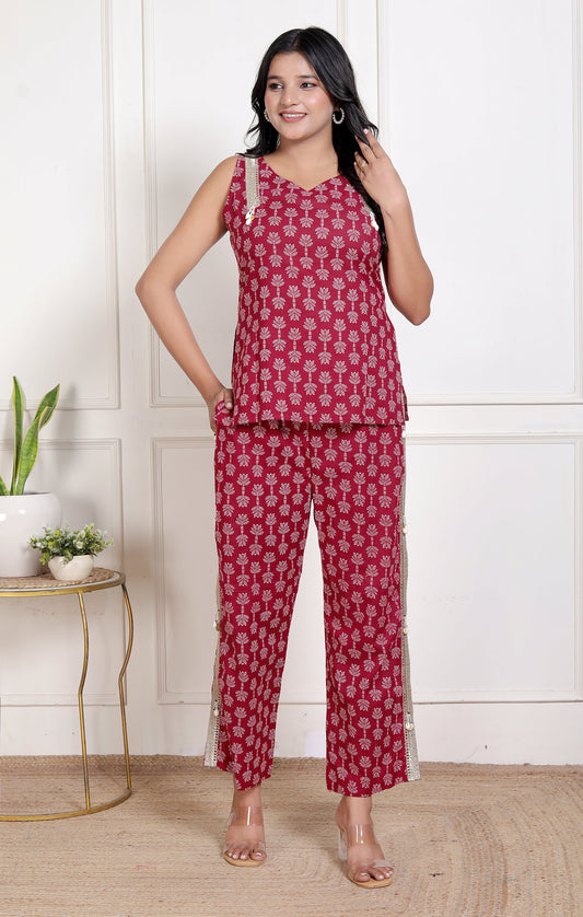 Sweet Red Flower Bagru Hand Print Pant Set