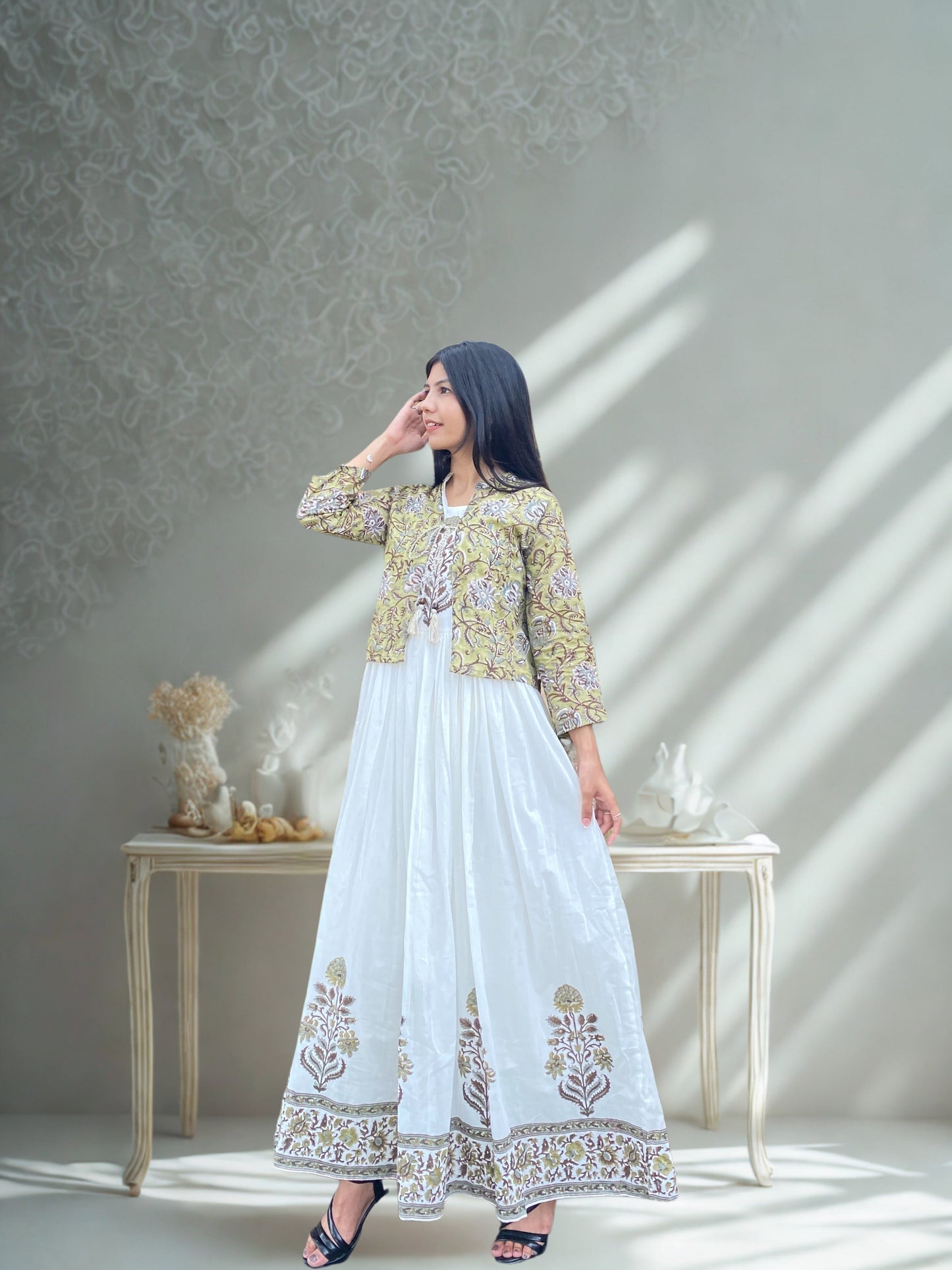 White, Green & Beige Mul Cotton Long Dress with Coat – 2pc