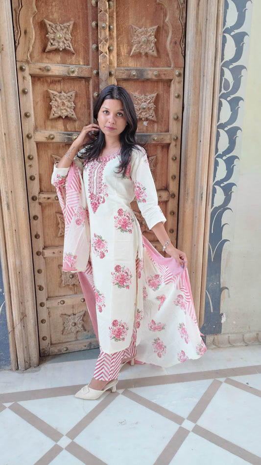 Elegant Embroidered Cotton Kurti Set with Pant & Dupatta
