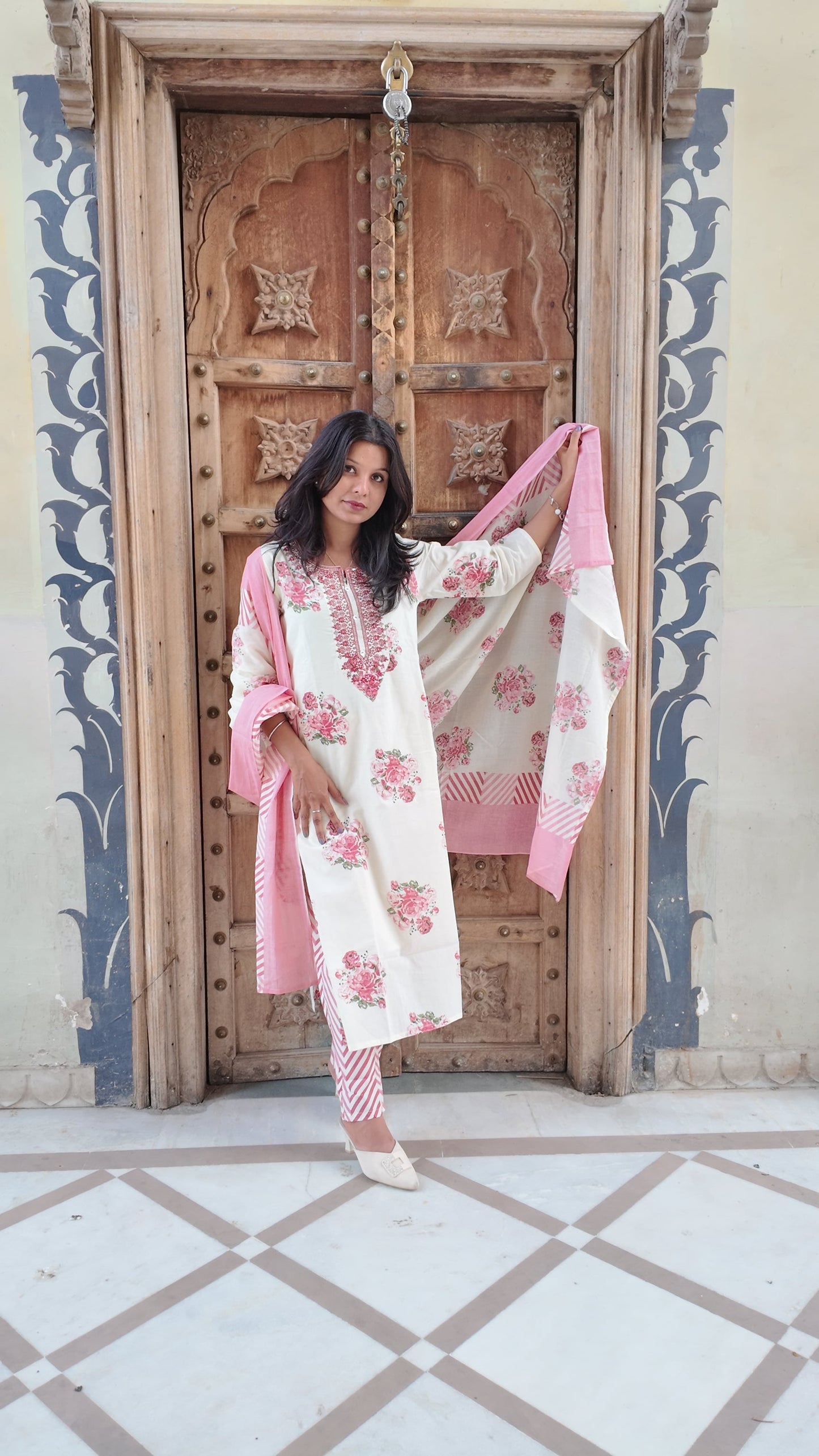 Elegant Embroidered Cotton Kurti Set with Pant & Dupatta