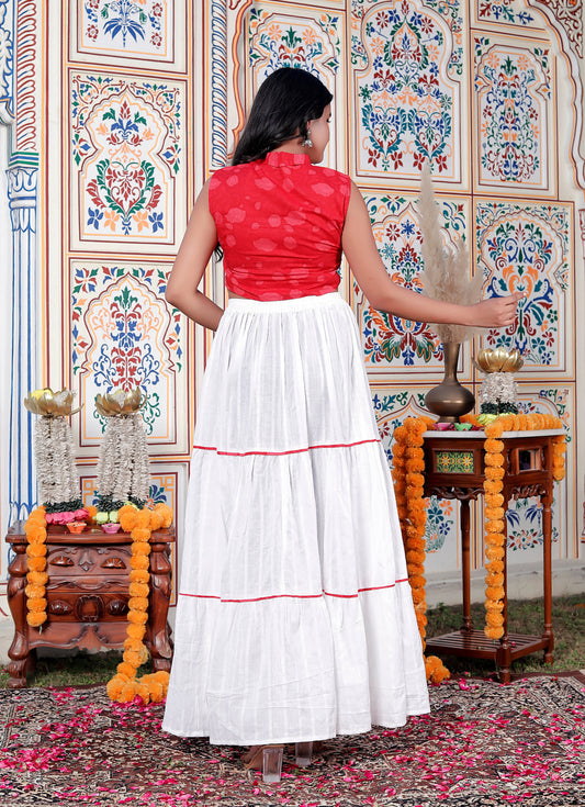 Sweet Red Flower Print Filap Crop Top with White Gathered Kantha Skirt