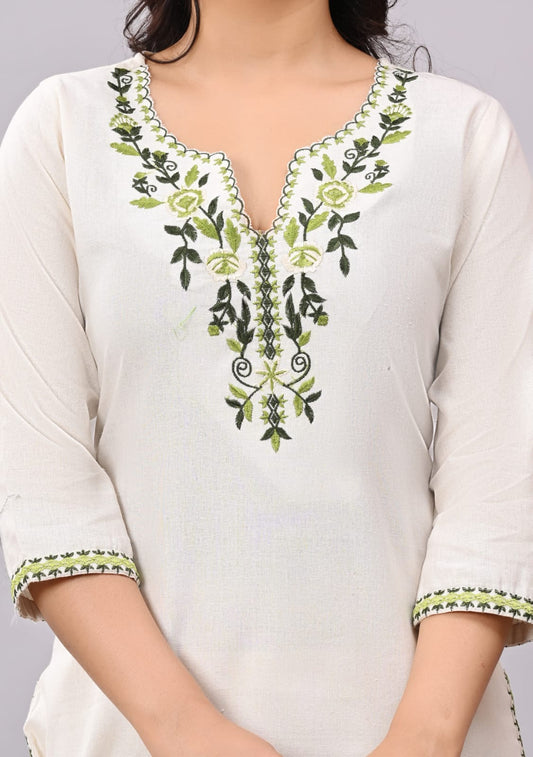 Khadi Cotton Cream Embroidery Suit Set