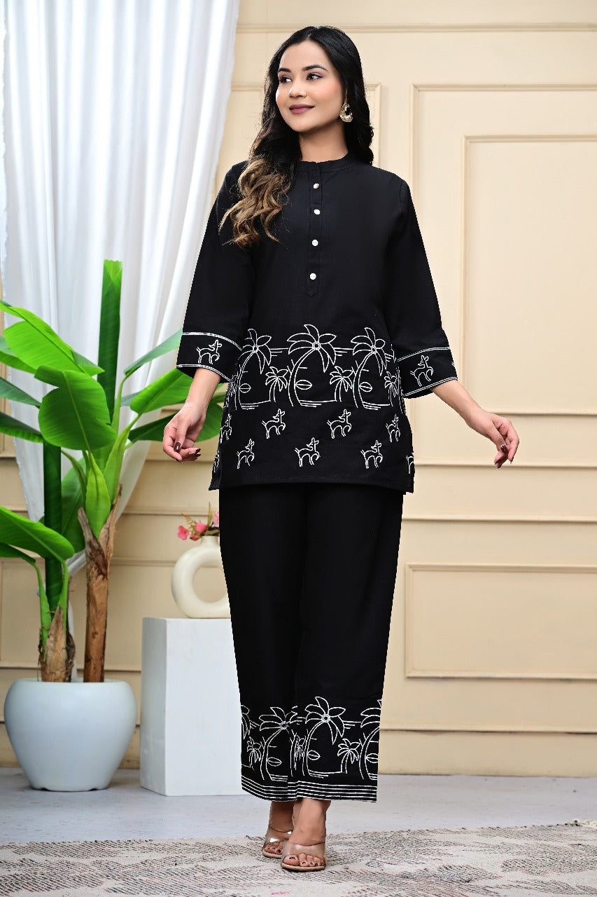 Cotton Stylish Printed Co-ord Set – Kurta with Pant (Black)