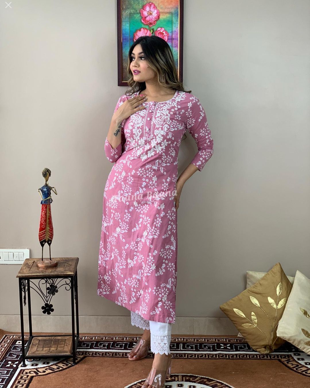 Rayon Embroidered Kurta and Pant Set Pink
