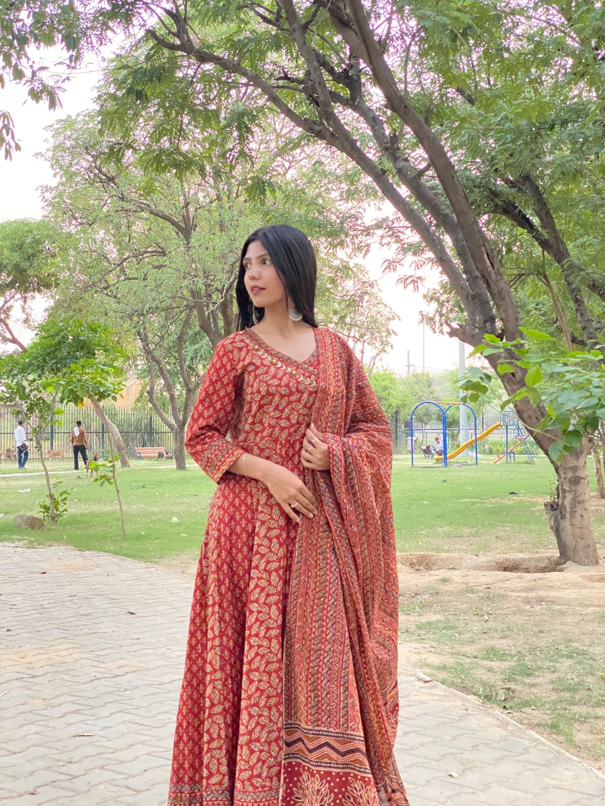 Angrakha-Style Cotton Anarkali Set with Handwork, Pant & Dupatta