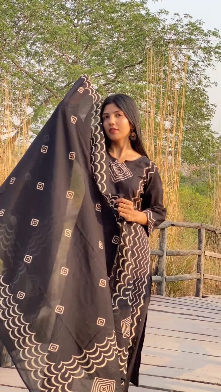 Printed Cotton Kurti Set with Hand Katha Work, Pant & Dupatta