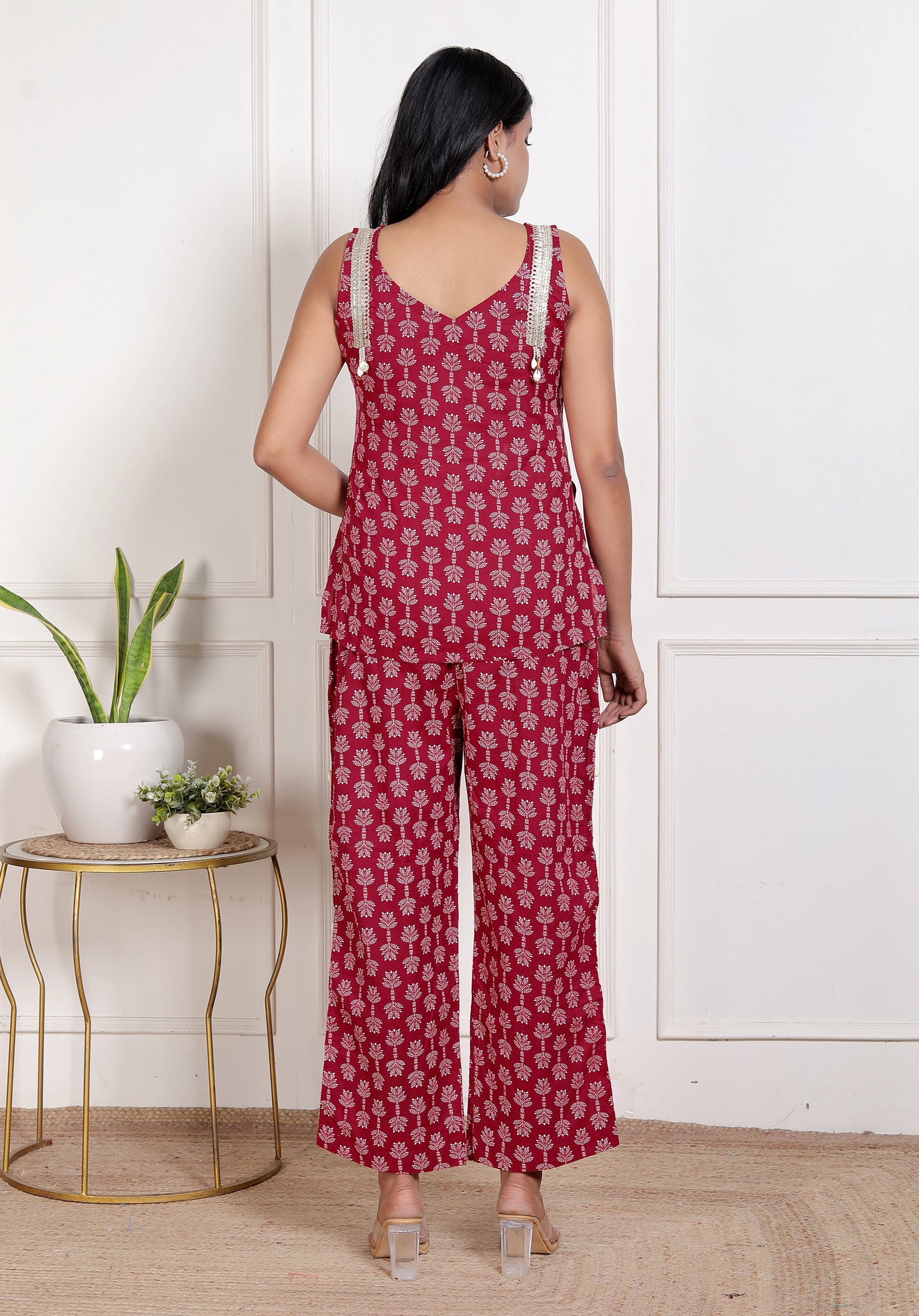 Sweet Red Flower Bagru Hand Print Pant Set