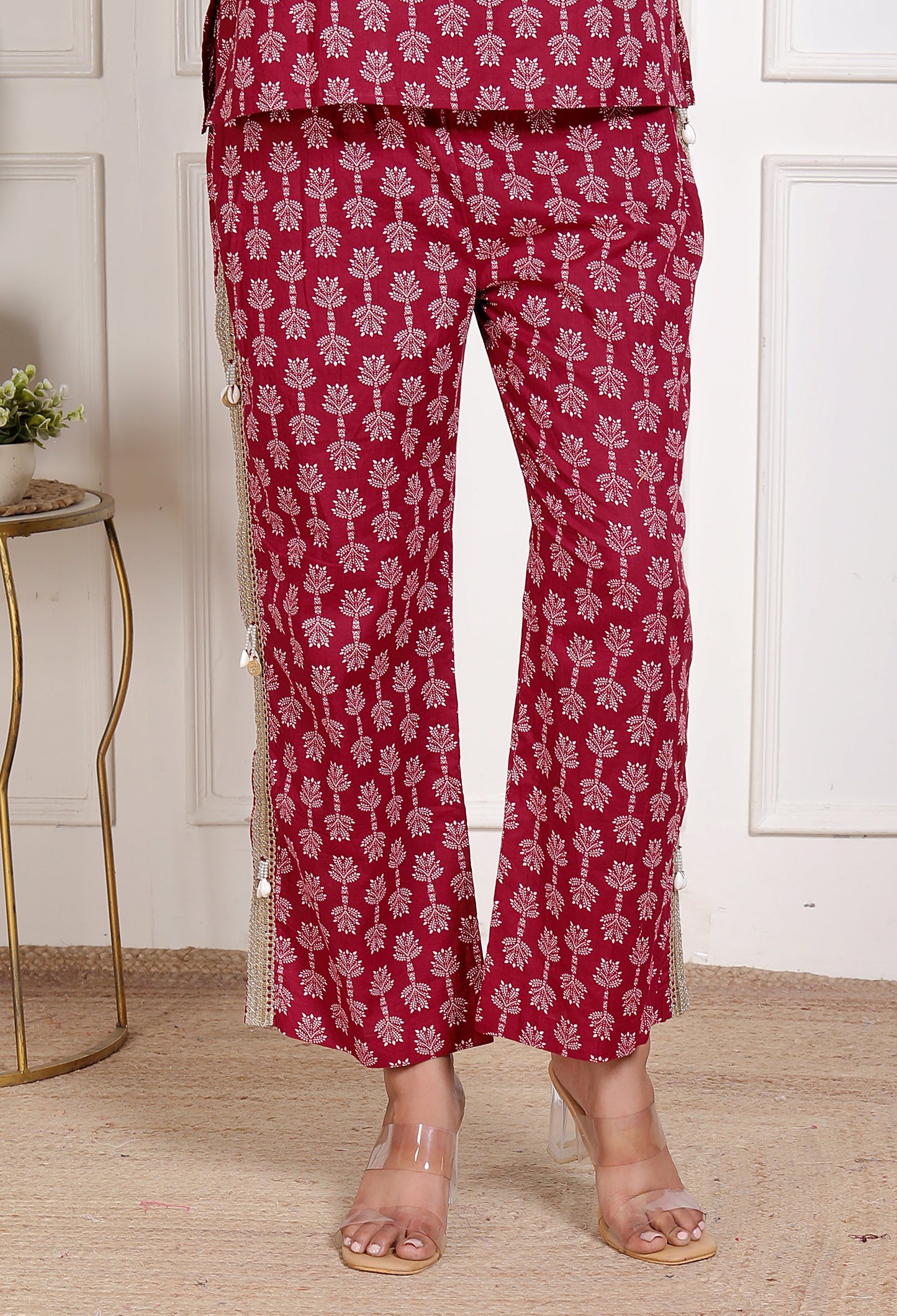 Sweet Red Flower Bagru Hand Print Pant Set