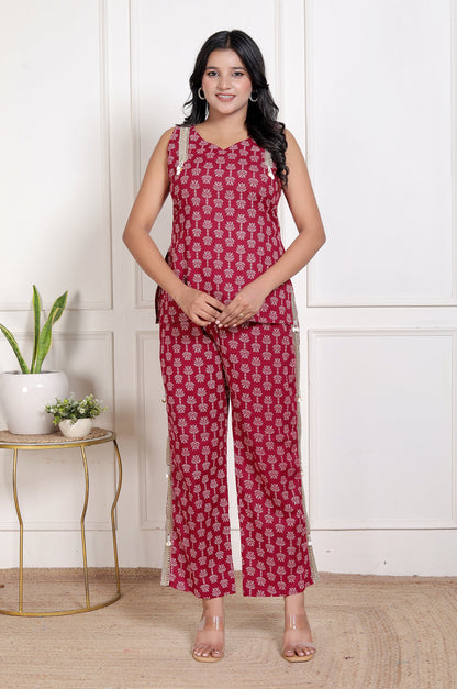 Sweet Red Flower Bagru Hand Print Pant Set