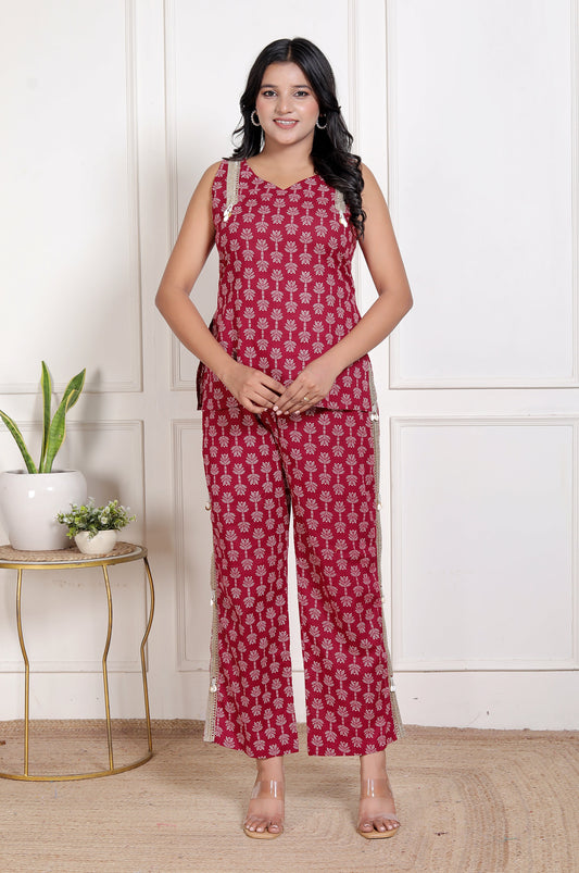 Sweet Red Flower Bagru Hand Print Pant Set