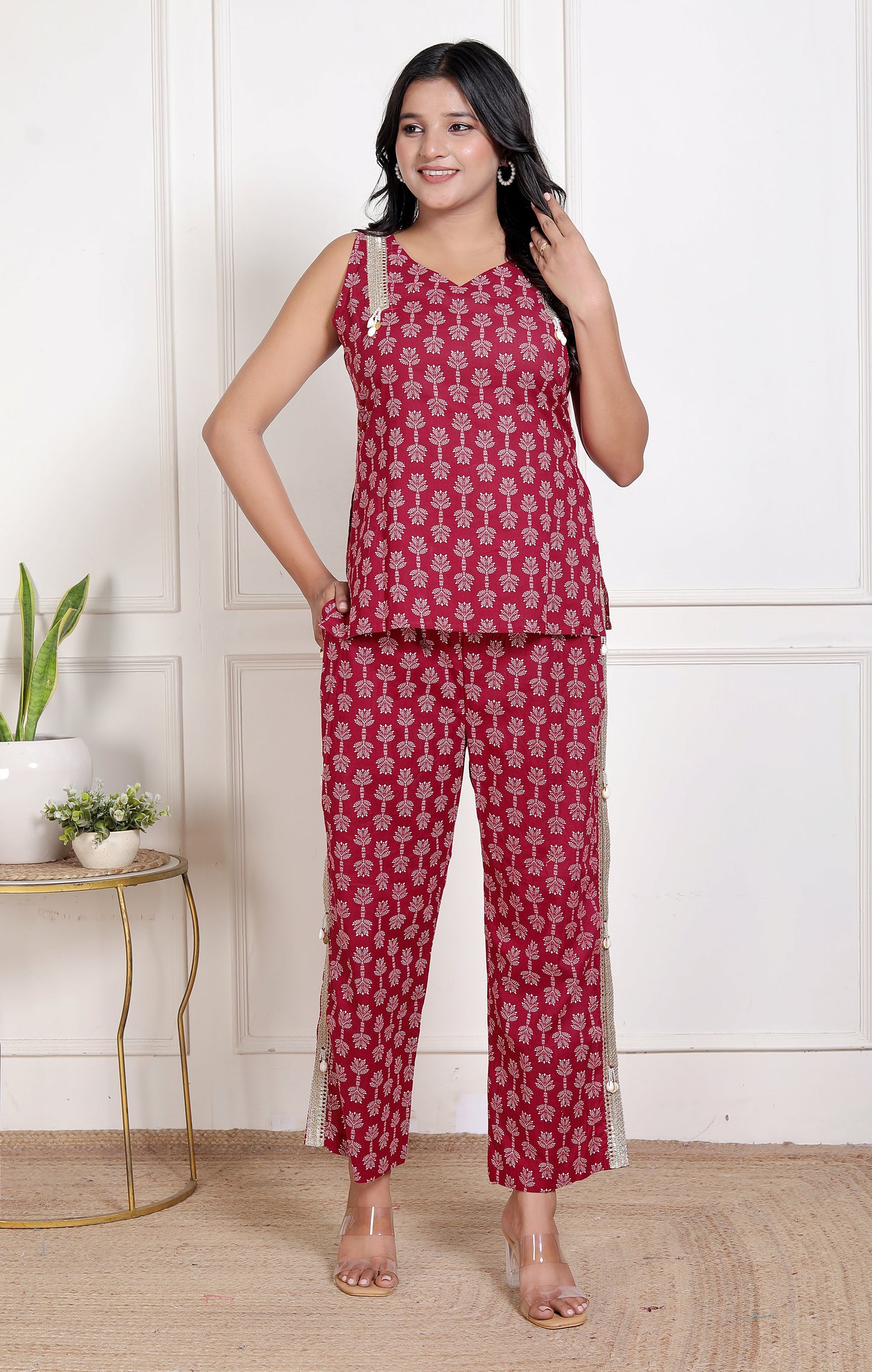 Sweet Red Flower Bagru Hand Print Pant Set