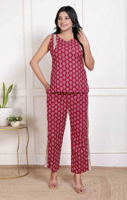 Sweet Red Flower Bagru Hand Print Pant Set