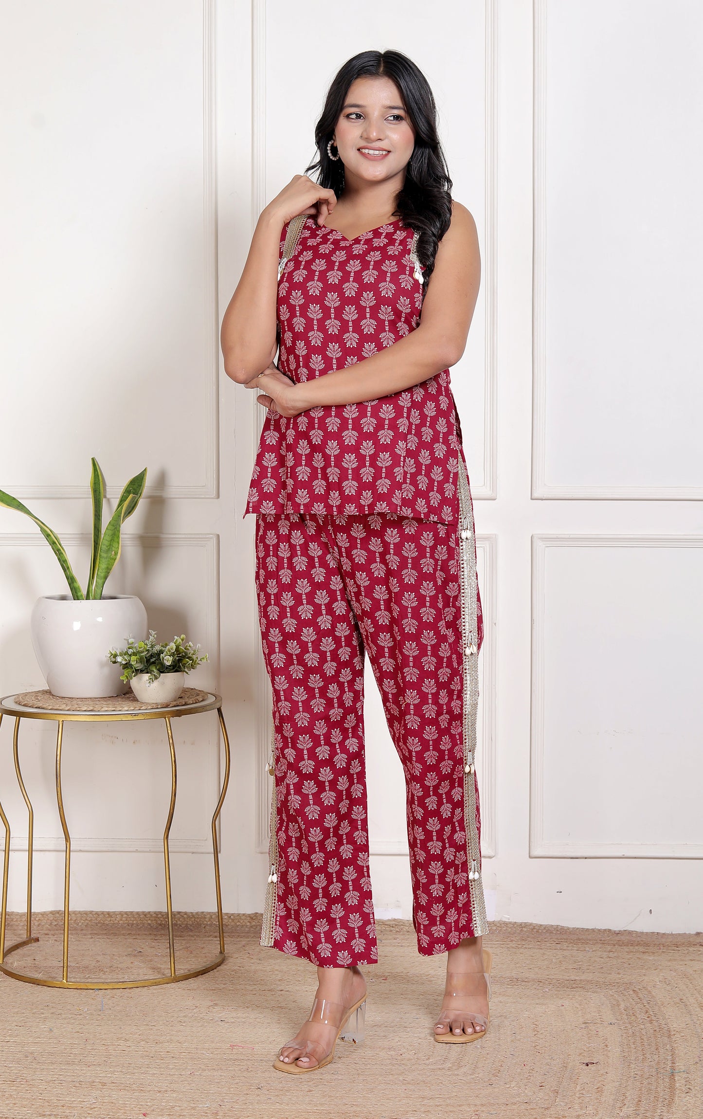 Sweet Red Flower Bagru Hand Print Pant Set