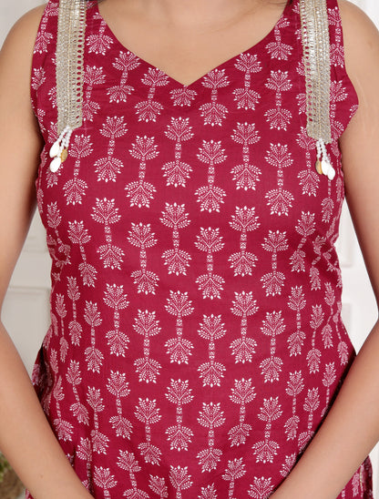 Sweet Red Flower Bagru Hand Print Pant Set