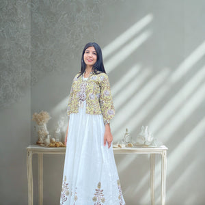 White, Green & Beige Mul Cotton Long Dress with Coat – 2pc