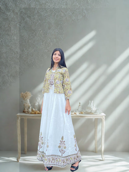 White, Green & Beige Mul Cotton Long Dress with Coat – 2pc