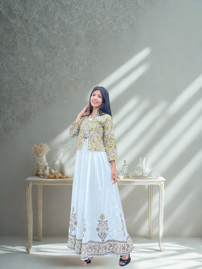 White, Green & Beige Mul Cotton Long Dress with Coat – 2pc