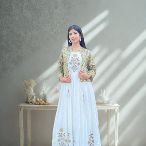 White, Green & Beige Mul Cotton Long Dress with Coat – 2pc