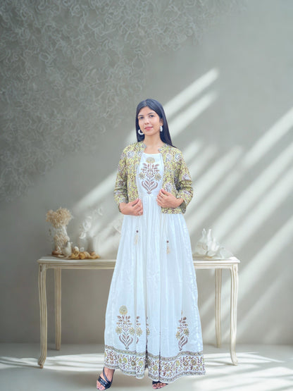 White, Green & Beige Mul Cotton Long Dress with Coat – 2pc