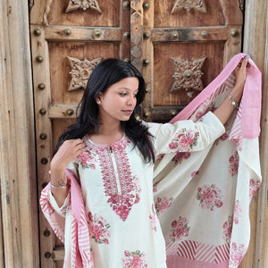 Elegant Embroidered Cotton Kurti Set with Pant & Dupatta