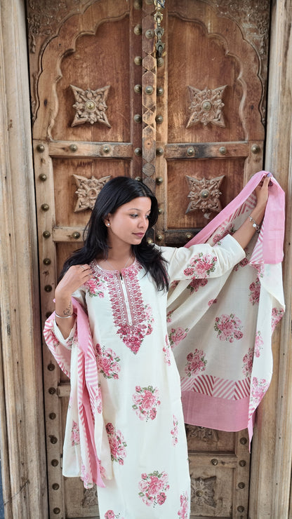 Elegant Embroidered Cotton Kurti Set with Pant & Dupatta