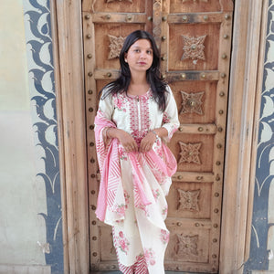 Elegant Embroidered Cotton Kurti Set with Pant & Dupatta