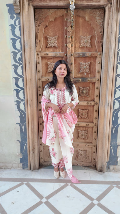 Elegant Embroidered Cotton Kurti Set with Pant & Dupatta