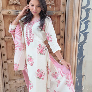 Elegant Embroidered Cotton Kurti Set with Pant & Dupatta