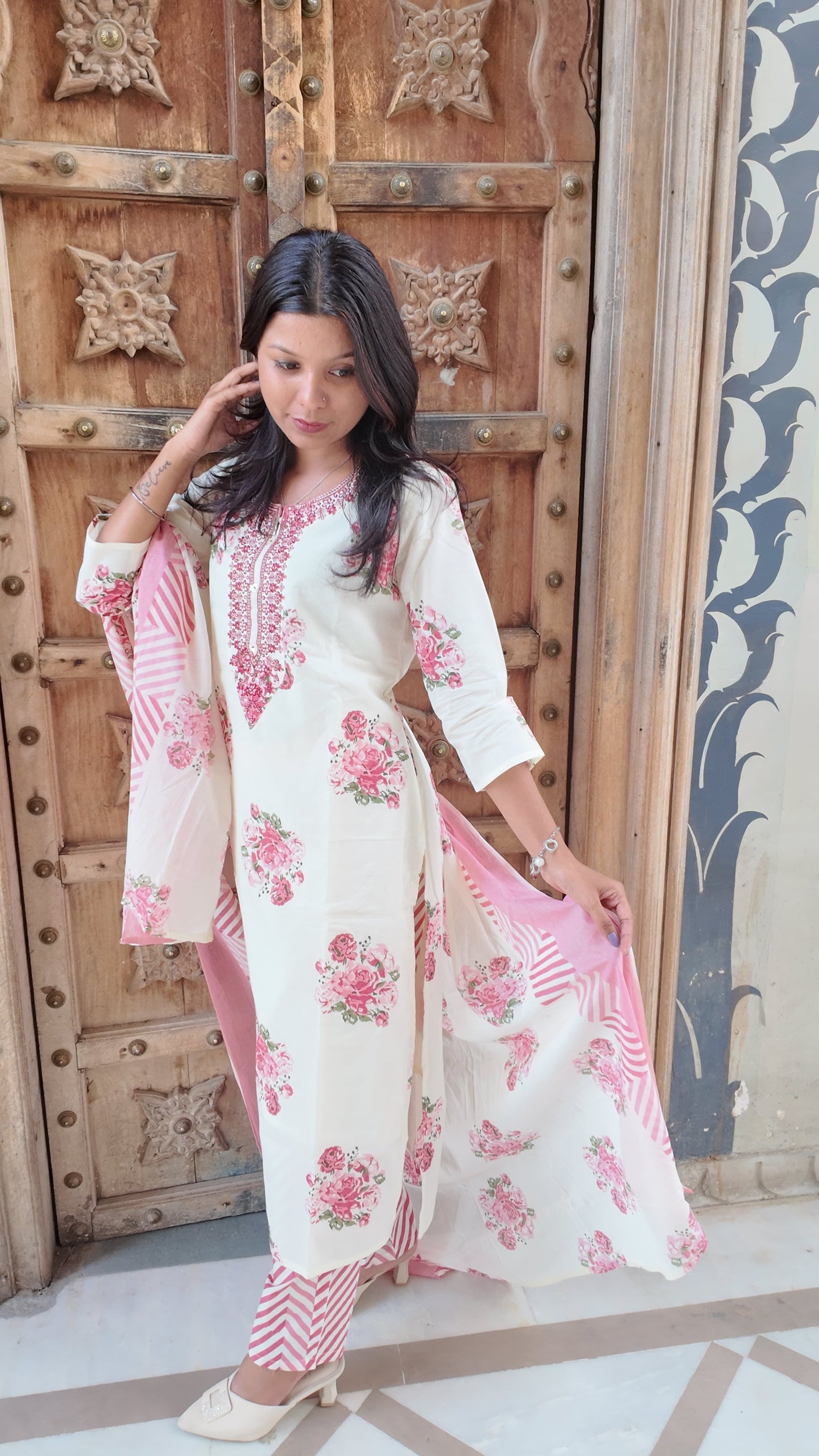 Elegant Embroidered Cotton Kurti Set with Pant & Dupatta