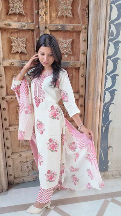 Elegant Embroidered Cotton Kurti Set with Pant & Dupatta