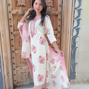 Elegant Embroidered Cotton Kurti Set with Pant & Dupatta