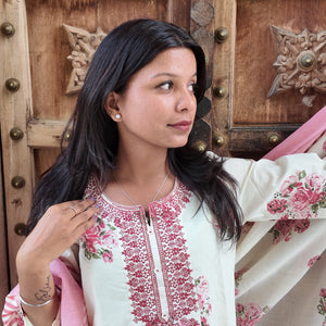 Elegant Embroidered Cotton Kurti Set with Pant & Dupatta