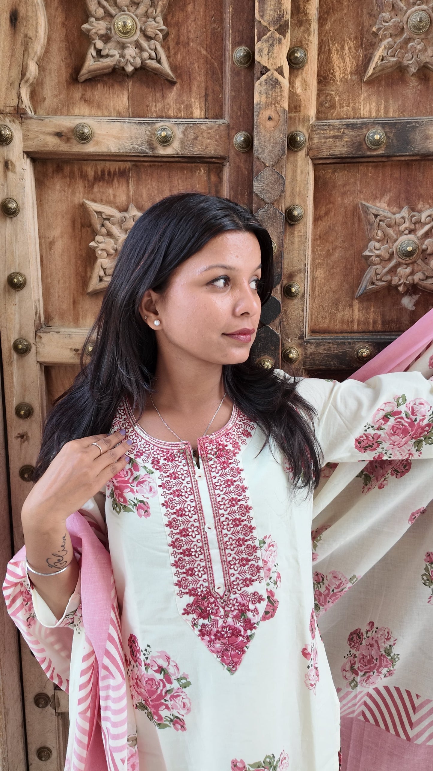 Elegant Embroidered Cotton Kurti Set with Pant & Dupatta