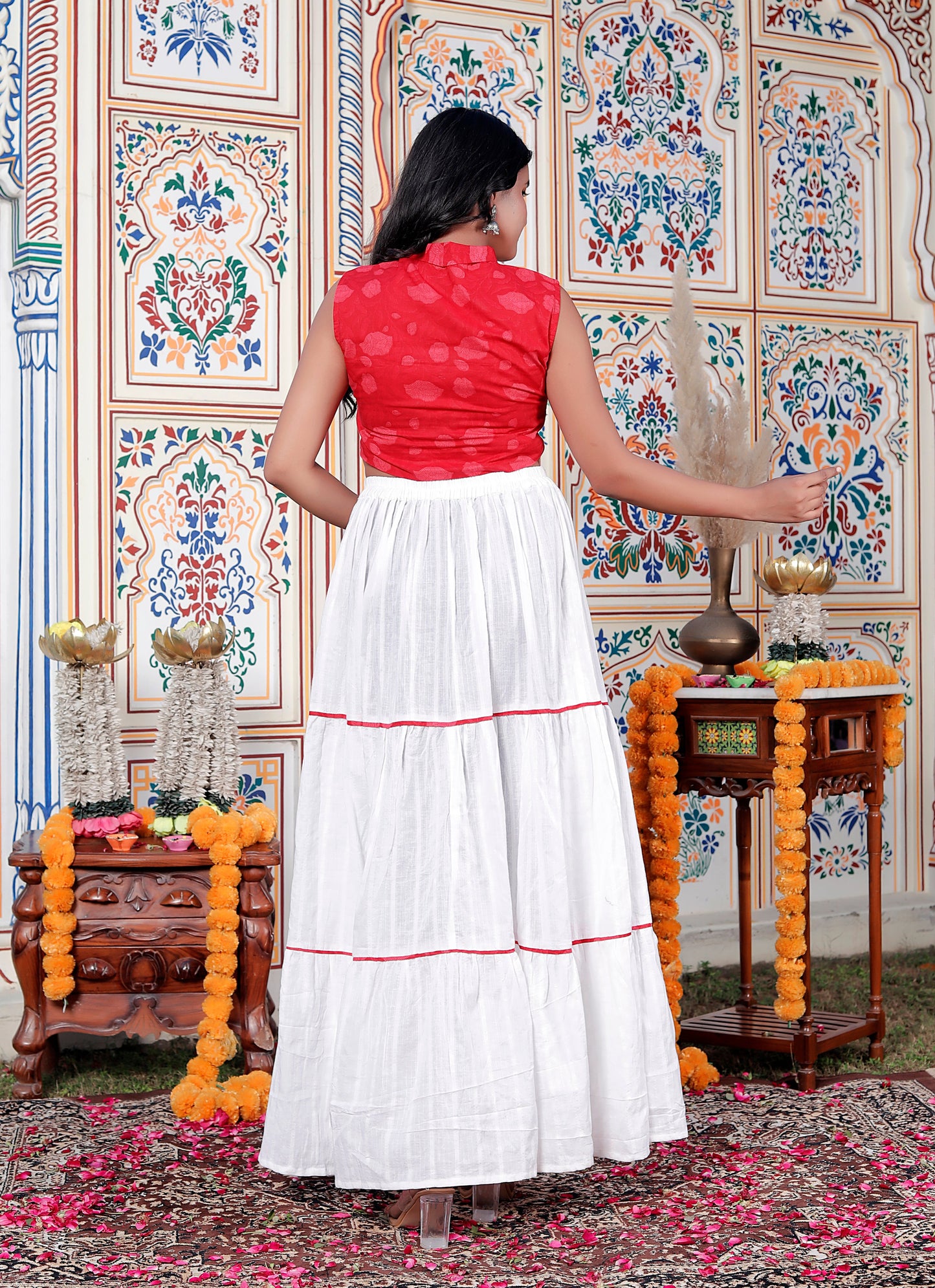 Sweet Red Flower Print Filap Crop Top with White Gathered Kantha Skirt
