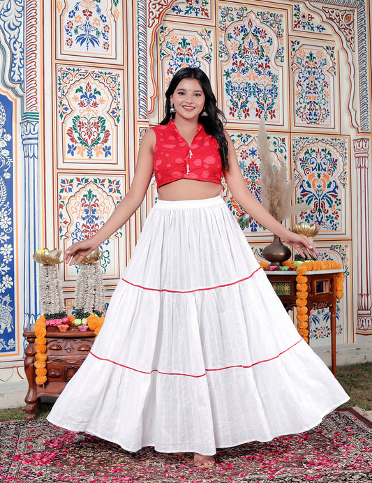 Sweet Red Flower Print Filap Crop Top with White Gathered Kantha Skirt