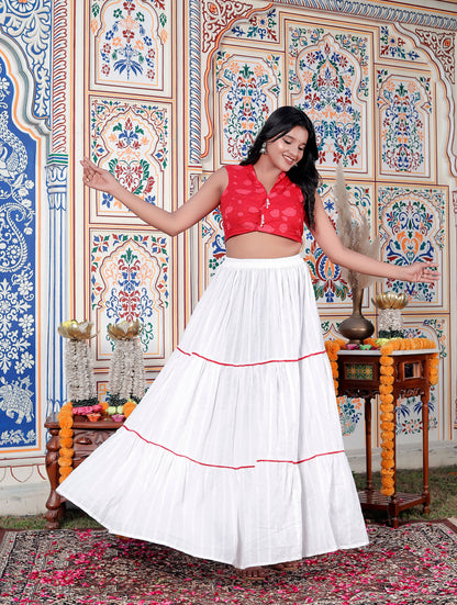 Sweet Red Flower Print Filap Crop Top with White Gathered Kantha Skirt