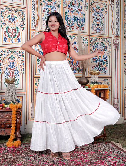 Sweet Red Flower Print Filap Crop Top with White Gathered Kantha Skirt