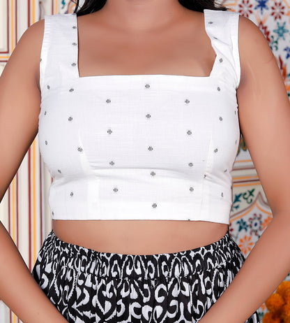 Square Neck White Crop Top with Black Printed Skirt