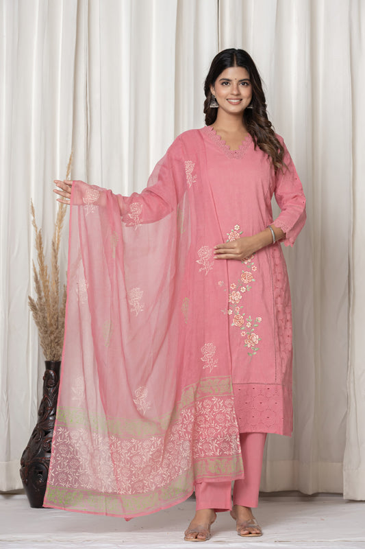 🌸 Elegant Cotton Schiffli Embroidered Kurti Set 🌸