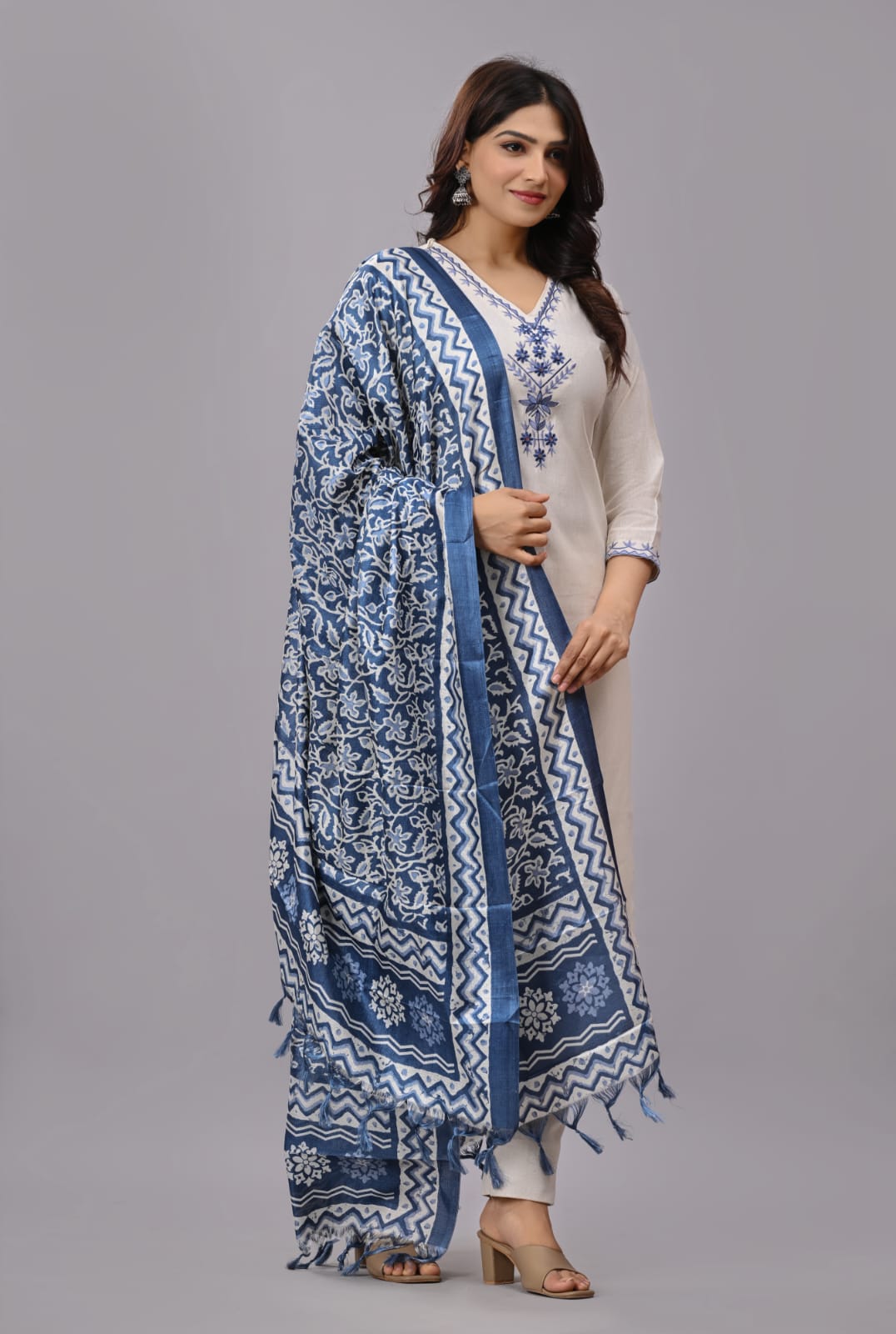 Khadi Cotton Blue Embroidery Suit Set