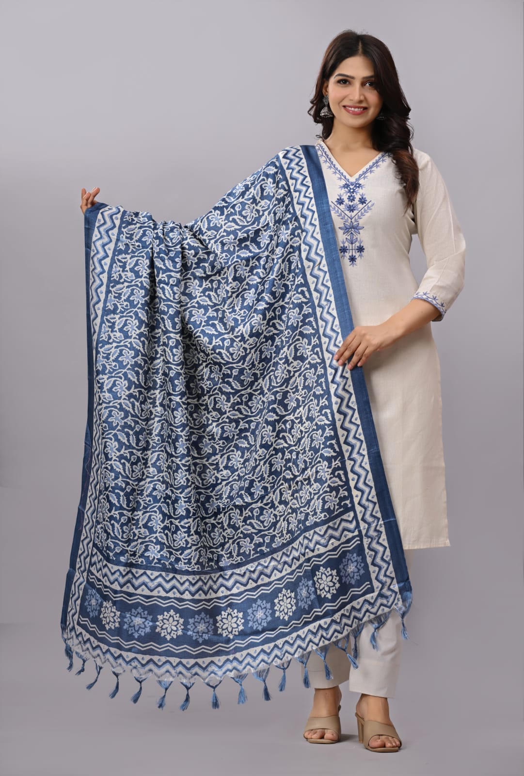 Khadi Cotton Blue Embroidery Suit Set