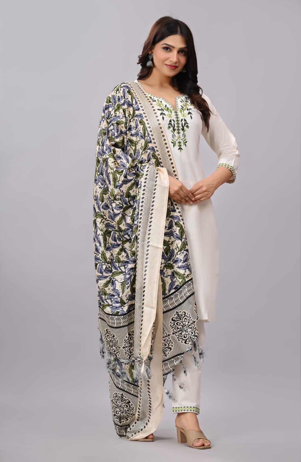 Khadi Cotton Cream  Embroidery Suit Set