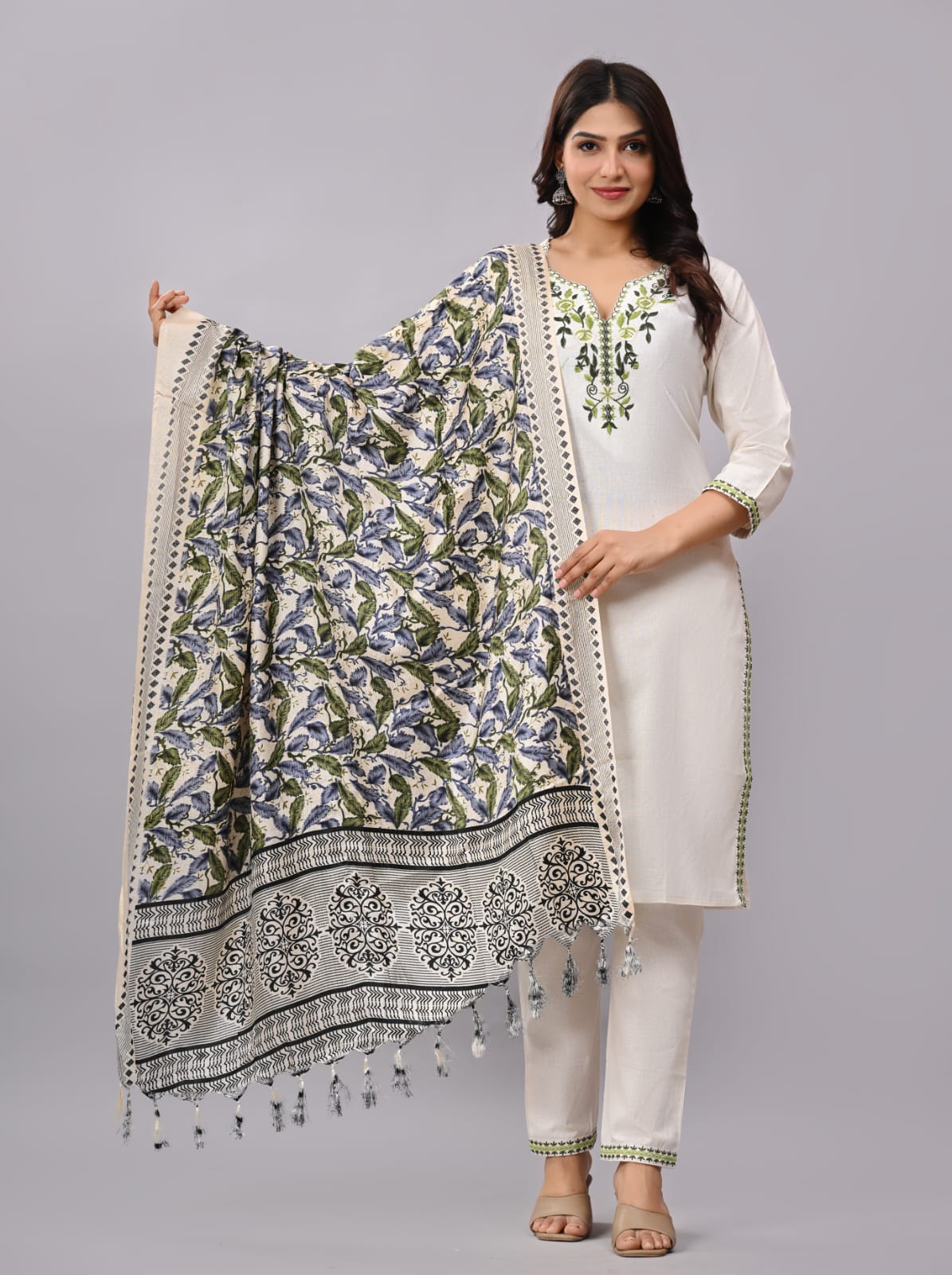 Khadi Cotton Cream  Embroidery Suit Set