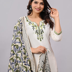 Khadi Cotton Cream  Embroidery Suit Set