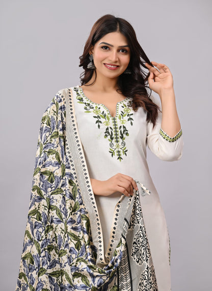 Khadi Cotton Cream  Embroidery Suit Set
