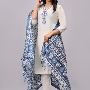 Khadi Cotton Blue Embroidery Suit Set