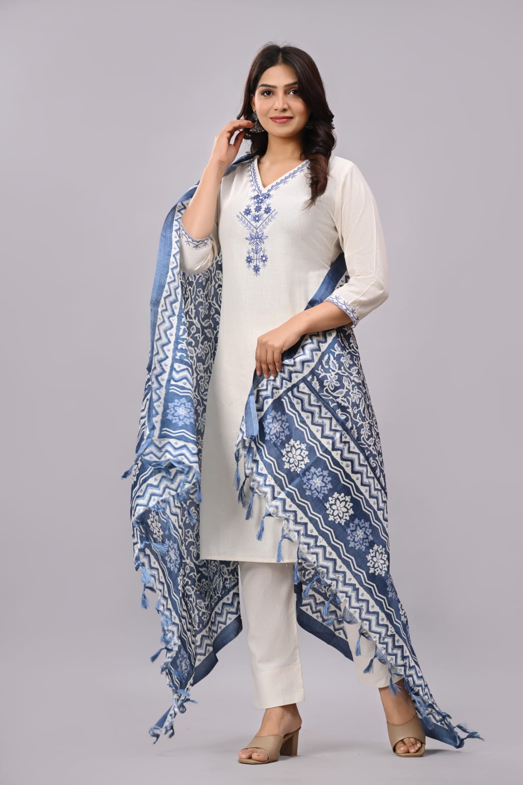Khadi Cotton Blue Embroidery Suit Set