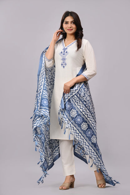 Khadi Cotton Blue Embroidery Suit Set