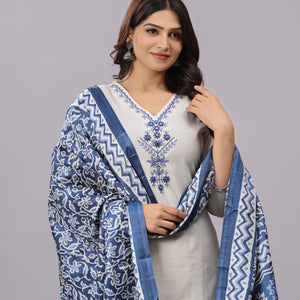 Khadi Cotton Blue Embroidery Suit Set