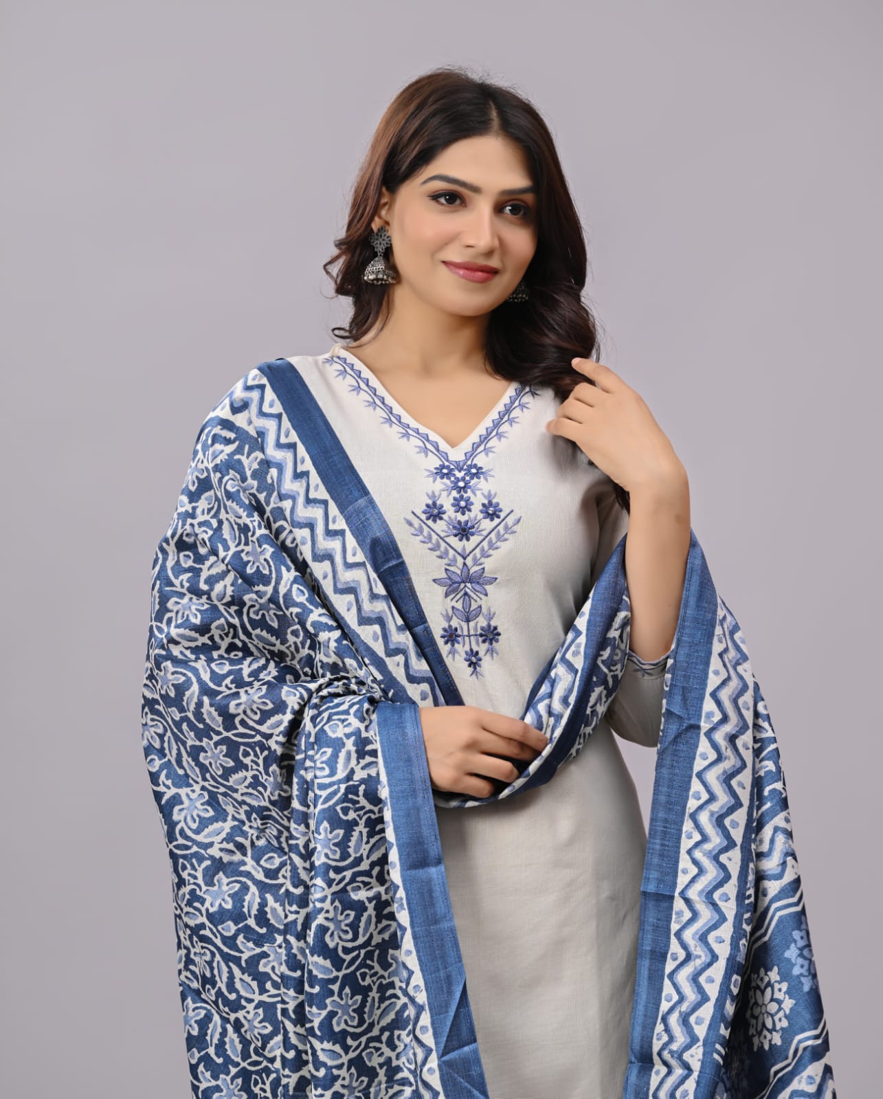 Khadi Cotton Blue Embroidery Suit Set